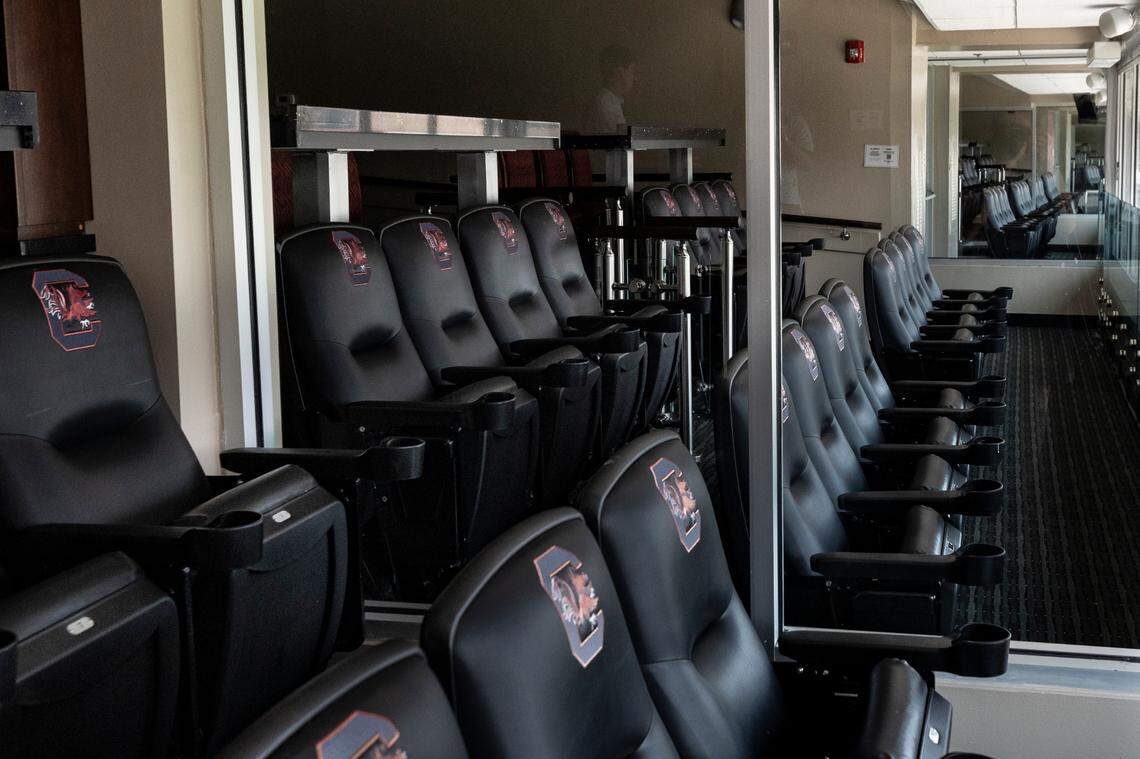 One of 18 suites at Williams-Brice Stadium. Glass partitions separate the suites. The waiting list for a suite is more than 120 people long. One has not come available since 2016.