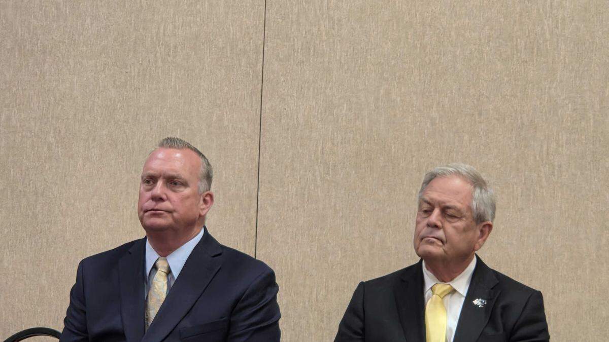 Stephen Federico sits alongside U.S. Rep. Ralph Norman during a news conference on judicial reform at Seawell’s Restaurant in Columbia on Nov. 15, 2025.