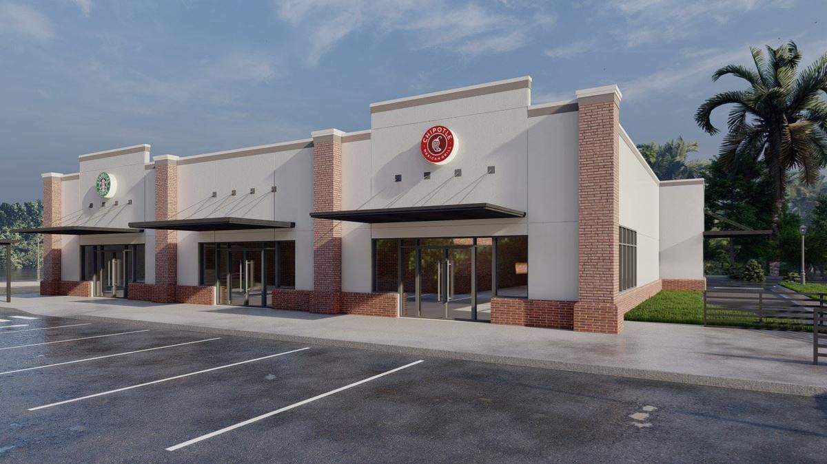 A rendering of a new retail center at 5400 Forest Drive in Columbia, where a Starbucks and Chipotle are set to have locations.