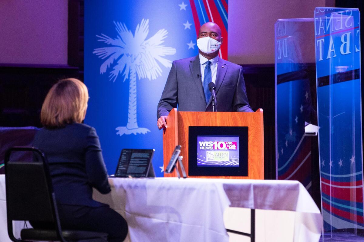 Jaime Harrison and Senator Lindsey Graham face off in the South Carolina U.S. Senate debate at Allen University in Columbia, South Carolina on Saturday, October 3, 2020.