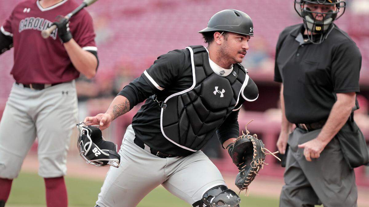 South Carolina baseball’s Jonathan French practices at Founders Park ahead of the 2023 season. French transferred to the Gamecocks this offseason after starting his college career at Clemson.