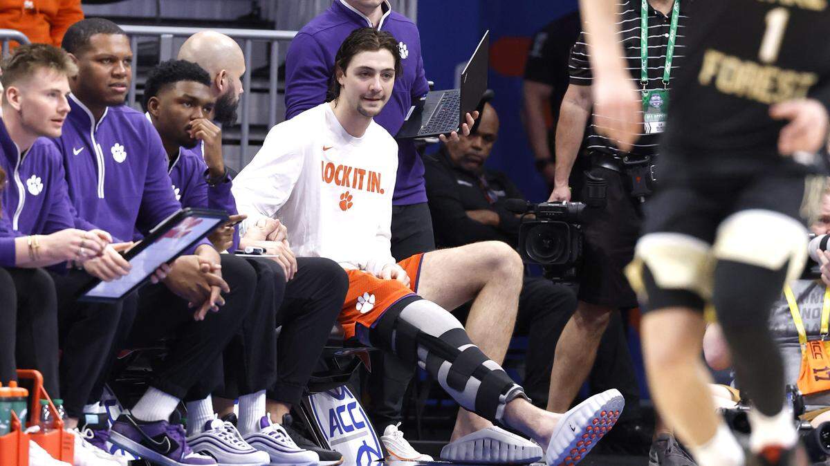 Clemson's Carter Welling returned to the bench after being injured during Clemson’s 71-62 victory over Wake Forest in the second round of the 2026 ACC Men’s Basketball Tournament at the Spectrum Center in Charlotte, N.C., Wednesday, March 11, 2026.