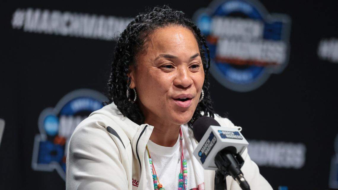 University of South Carolina Head Coach Dawn Staley speaks during a press conference at Legacy Arena in Birmingham on Thursday, March 27, 2025. The Gamecocks will play the Maryland Terrapins in the Birmingham 2 regional of the NCAA Tournament at Legacy Arena.