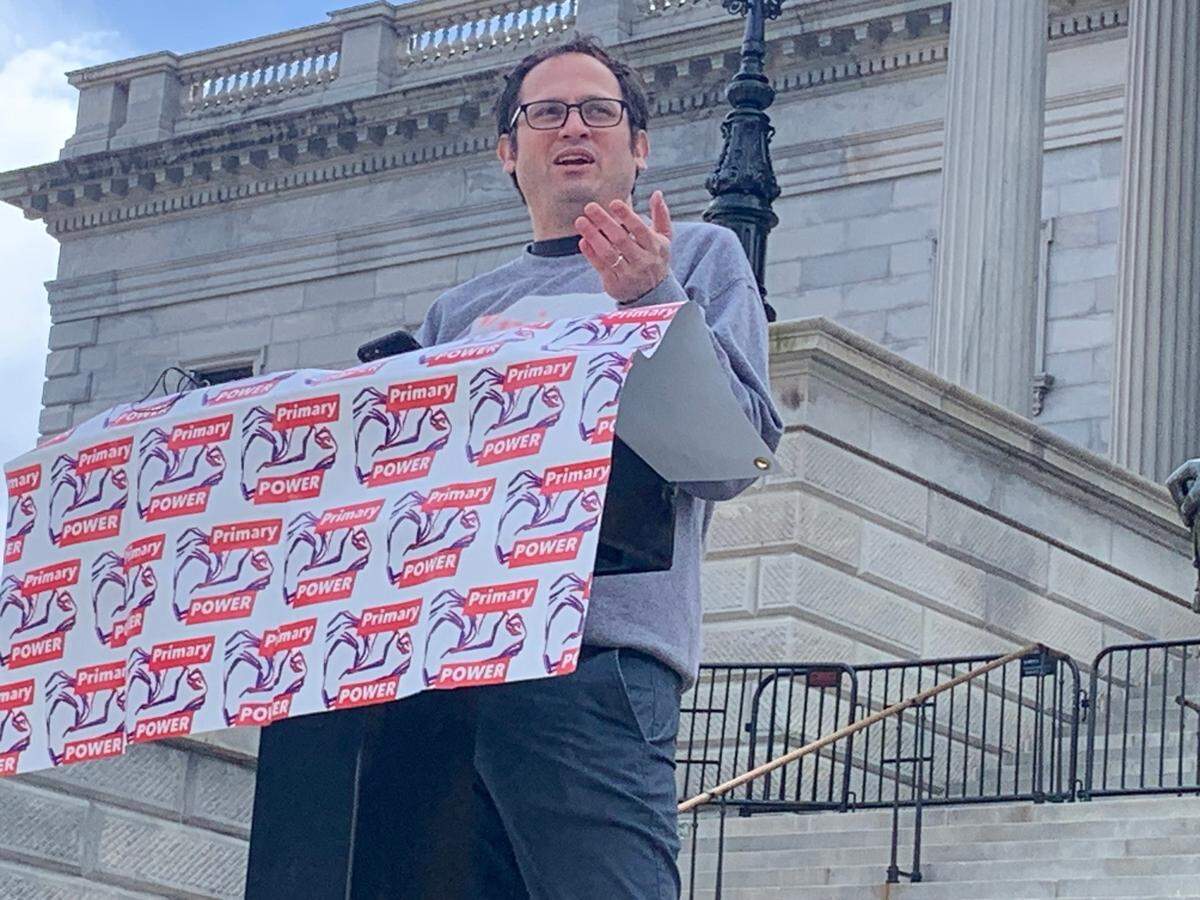 PrimaryPivot Co-Founder Robert Schwartz speaks outside of the South Carolina State House on Monday, Feb. 19, 2024, about why the super PAC is pushing Democratic voters who did not vote in the Feb. 3 Democratic presidential primary to vote in the Feb. 24 GOP presidential primary.