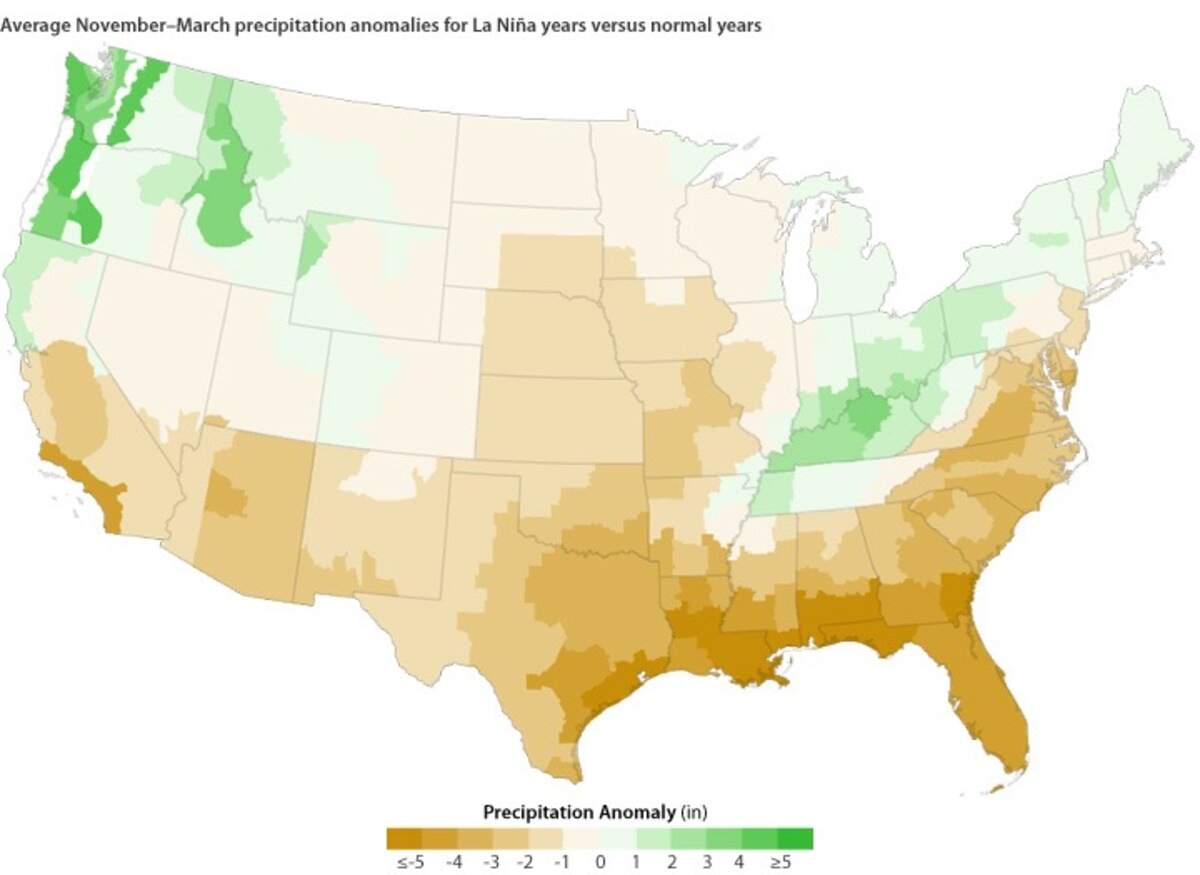 The map shows difference from average winter (November–March) precipitation during La Niña years (1954, 1955, 1964, 1970, 1973, 1975, 1988, 1999, 2007) compared to the long-term average (1971-2000) of normal years.