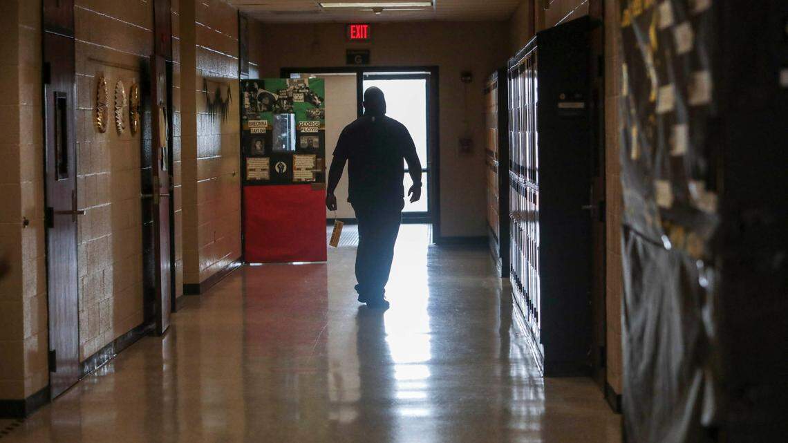 An expectations coach walks in the hallway at Irmo High School. The school has implemented a NEST academy for where they can give extra attention to students who are underperforming in regular classrooms.