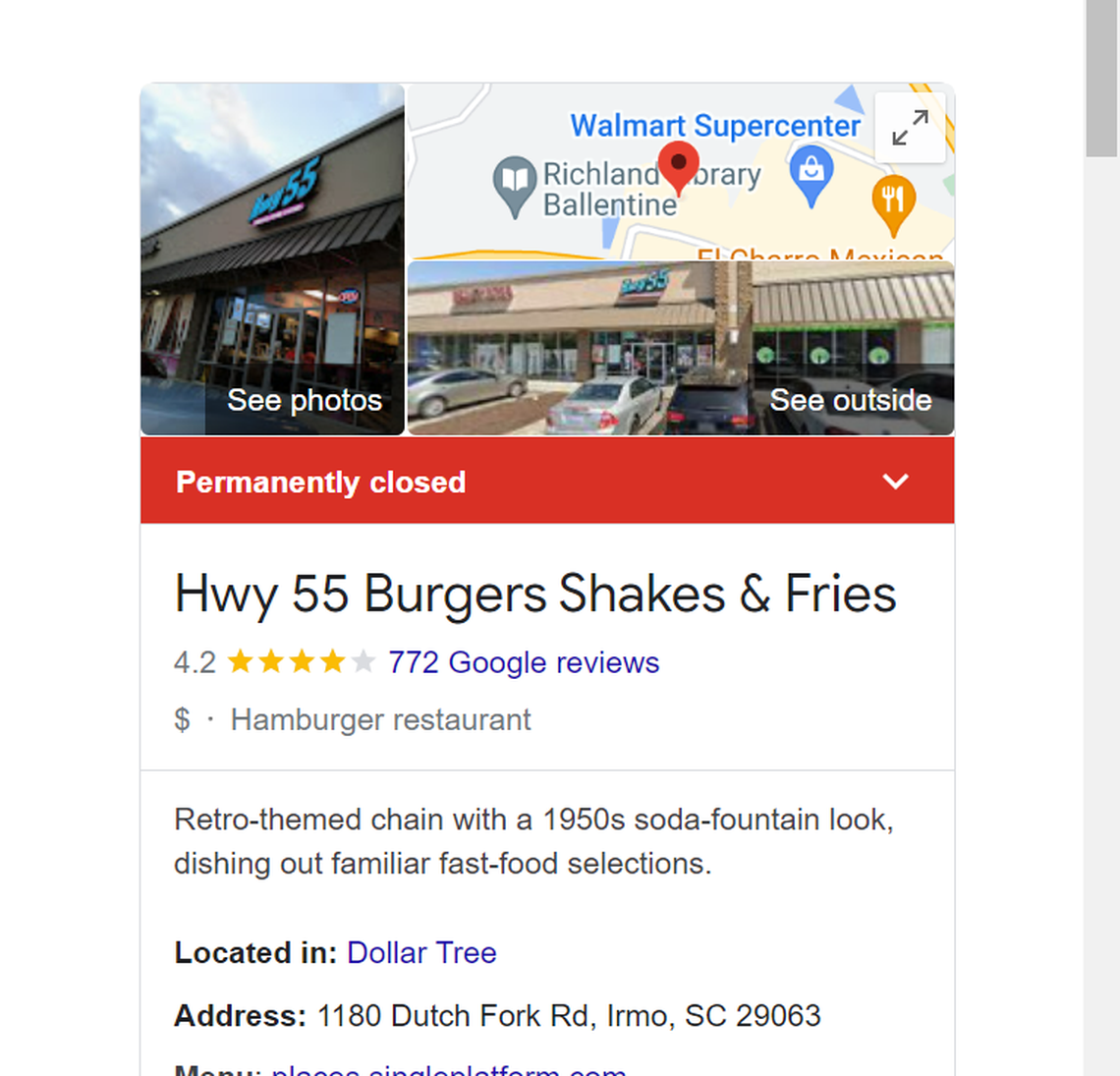 A Google listing shows Hwy. 55 restaurant in Irmo as permanently closed.