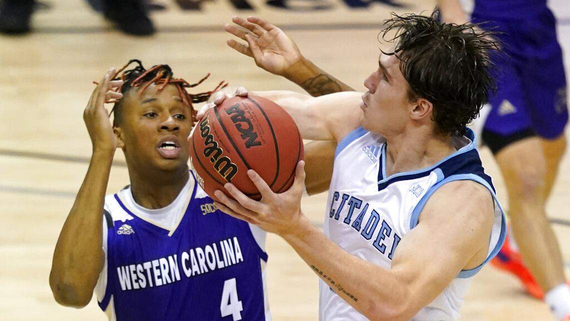 Citadel forward Hayden Brown (33) drives the ball to the basket in the first half of a first round NCAA men’s college basketball championship game for the Southern Conference tournament, Friday, March 5, 2021, in Asheville, N.C.