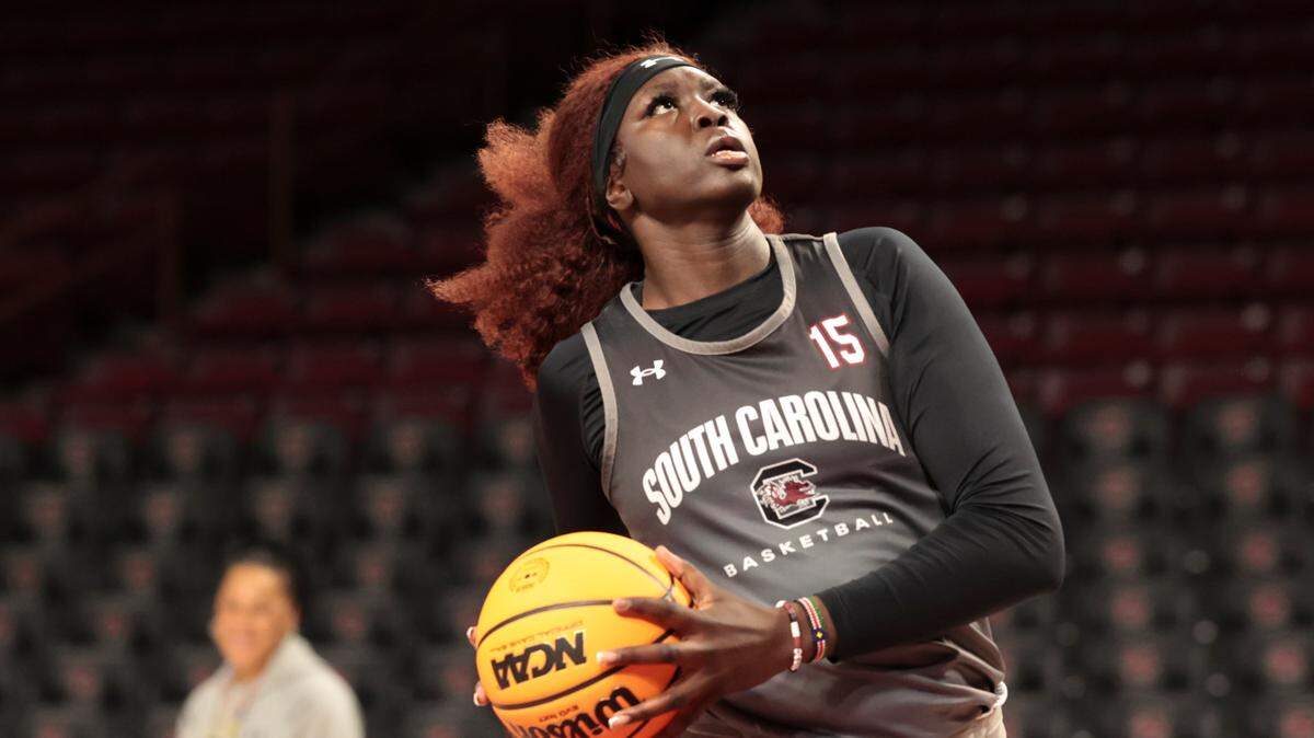 University of South Carolina’s Adhel Tac (15) practices at the Colonial Life Arena on Thursday, March 20, 2025. The Gamecocks face Tennessee Tech in the first round game of the NCAA Tournament.