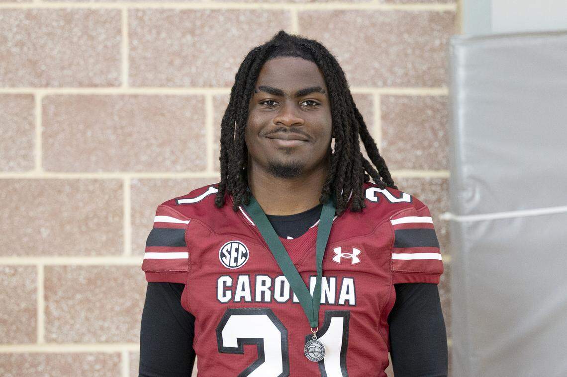 South Carolina football freshman Kelvin Hunter (21) appears at the annual Pigskin Poets event held Friday, July 12, 2024 at Drew Wellness Center in Columbia.