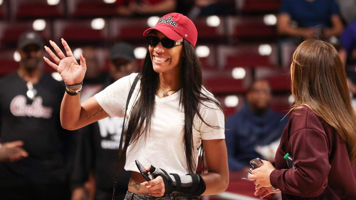 Former South Carolina player A’ja Wilson walks across the court before the Gamecocks’ game against the visiting Terrapins at Colonial Life Arena on Sunday, November 12, 2023.