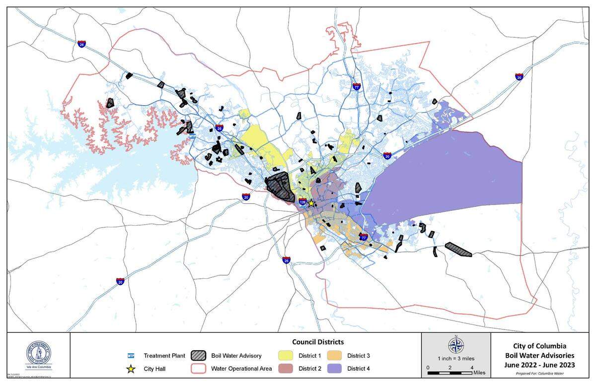 The majority of boil water advisories issued in Columbia between June 2022 and June 2023 centered around the system’s oldest pipes downtown, or around road improvement projects in St. Andrews, according to data from Columbia Water.