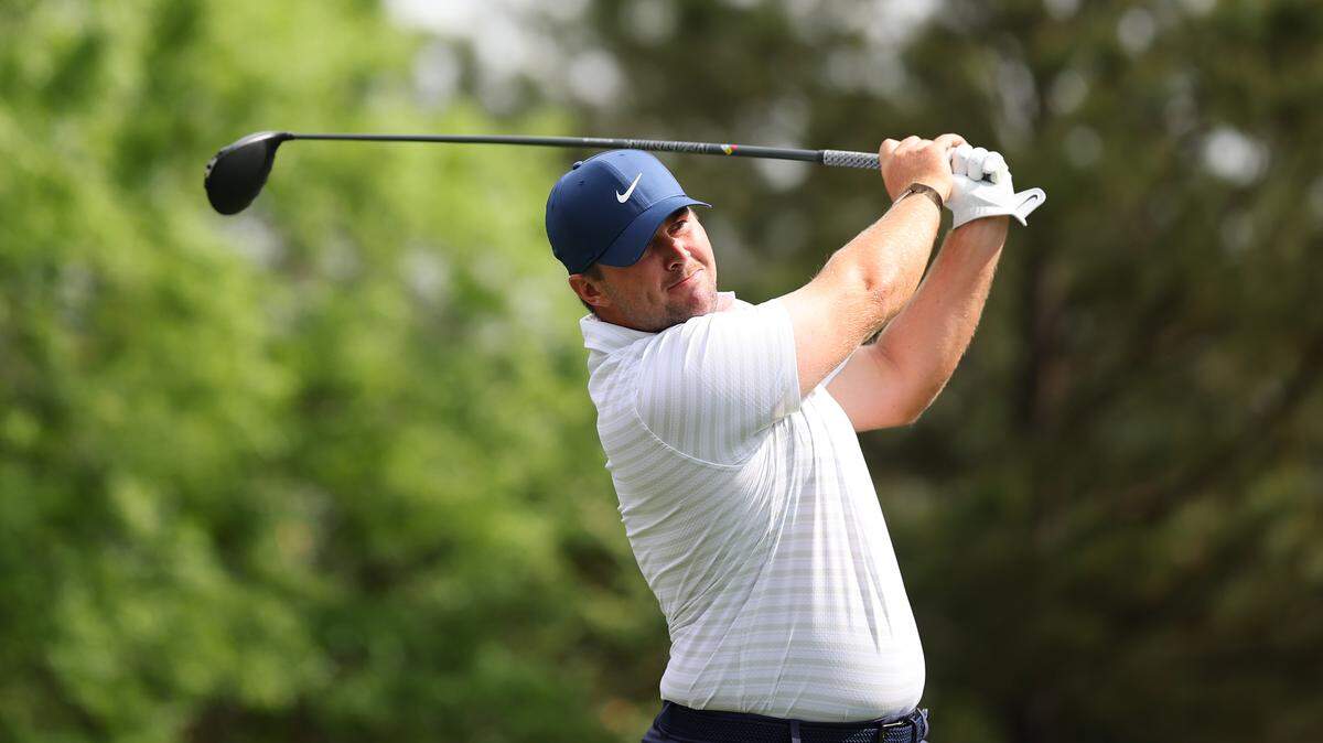 Chris Gotterup of the United States plays a shot from the fifth hole tee box Monday during a practice round prior to the 2026 Masters Tournament at Augusta National Golf Club.