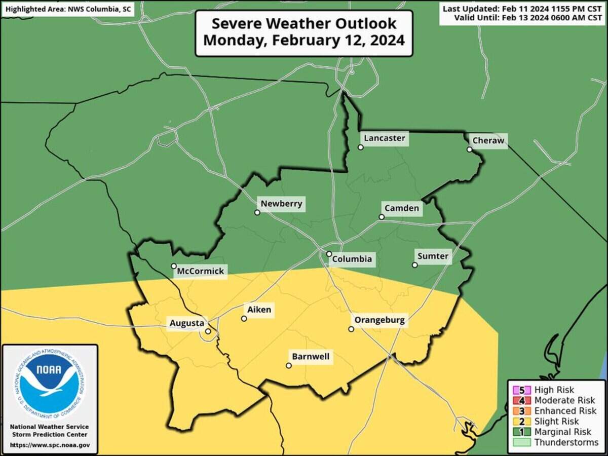 Severe weather forecast for South Carolina.