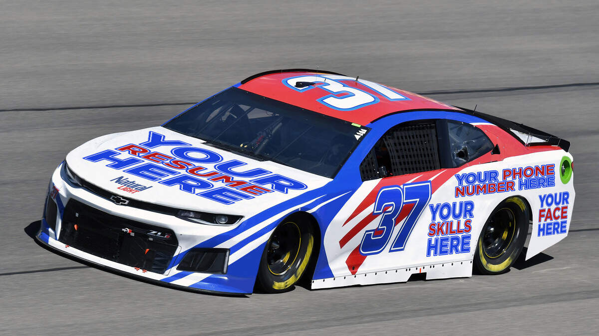 A mock up image of what one recent grad’s resume may look like on the side of a NASCAR race car through a partnership with beer company Natural Light. The photo is based on Chris Buescher racing at the Monster Energy NASCAR Cup Series, Pennzoil 400 at the 
Las Vegas Motor Speedway on March 4, 2018.