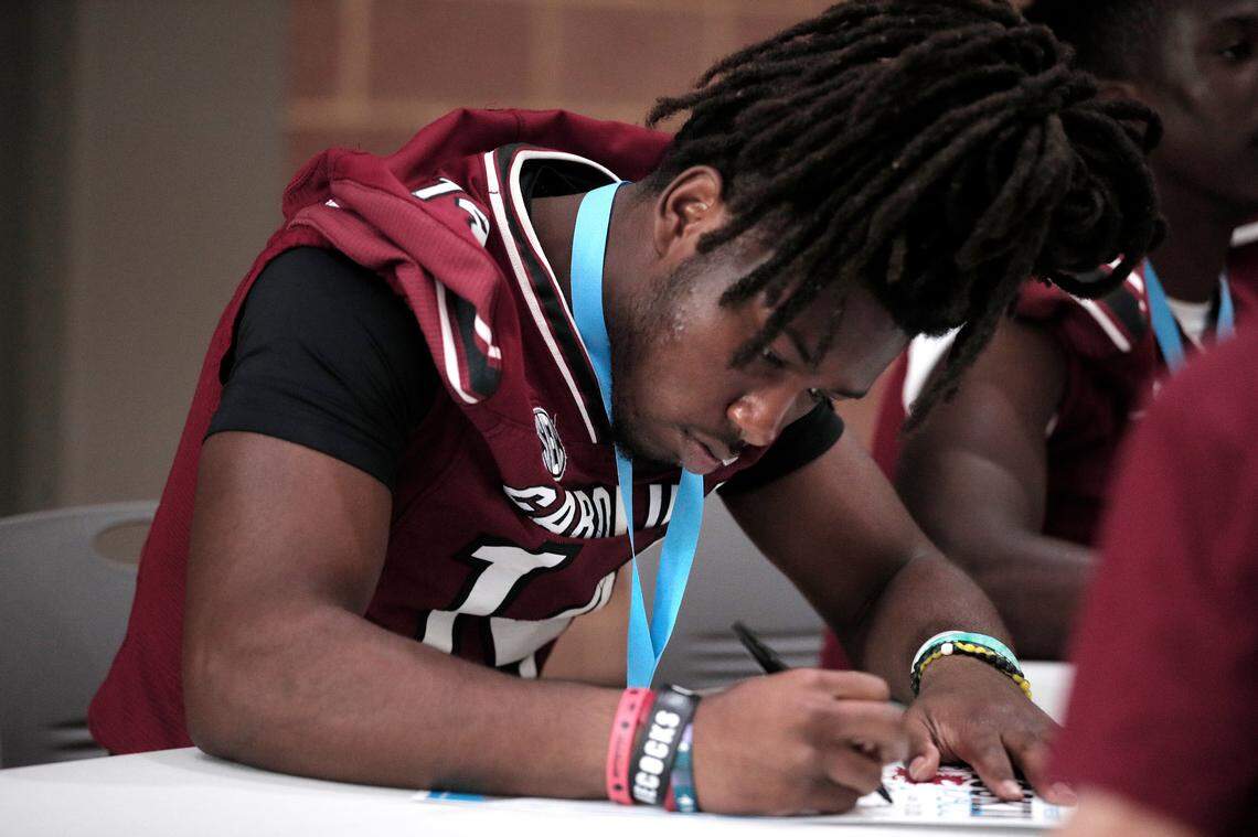 Elijah Caldwell and the University of South Carolina football team freshmen took part in the annual Pigskin Poets reading event Friday, July 21, 2023 at the Drew Wellness Center in Columbia.