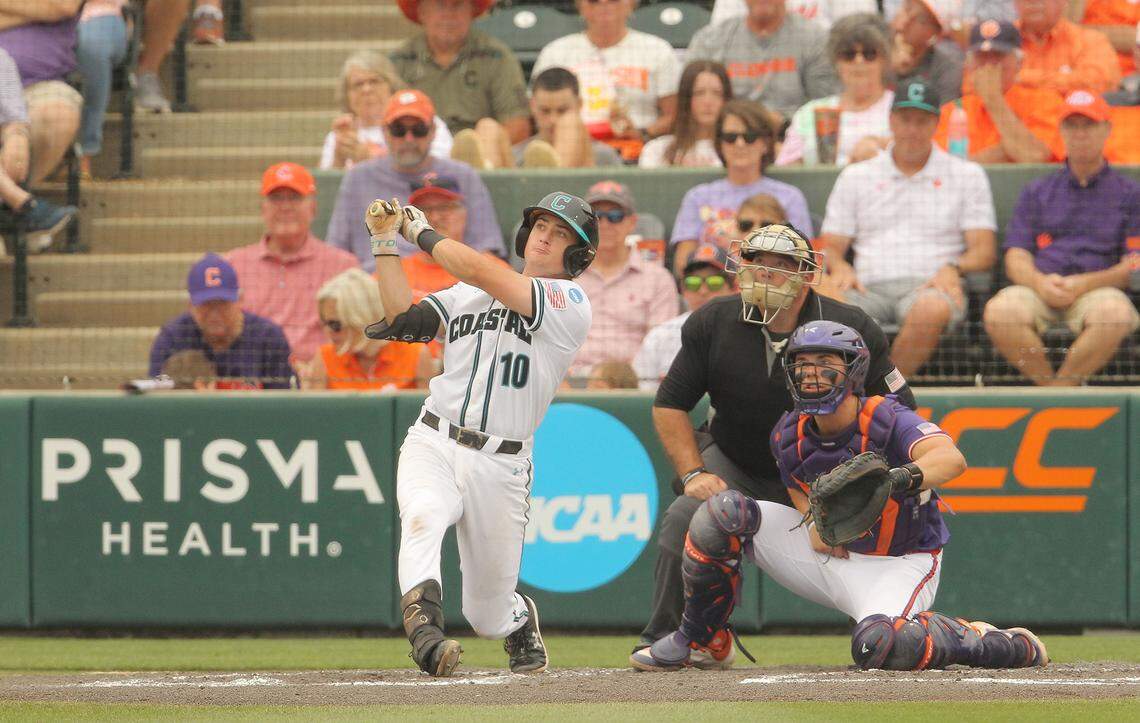 Coastal Carolina’s Sam Antonacci (10) watches his home run against Clemson on Saturday, June 1, 2024 in Clemson, S.C.