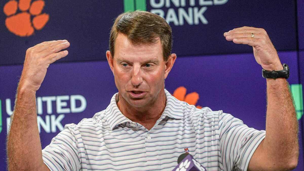 Clemson head coach Dabo Swinney speaks during Clemson football media day at the Smart Family Media Center in Clemson, SC Tuesday, July 15, 2025.
