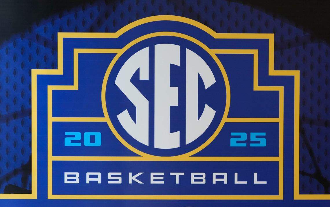 Southeastern Conference logo is displayed during SEC Media Day at the Grand Bohemian Hotel in Mountain Brook Tuesday, Oct. 15, 2024.