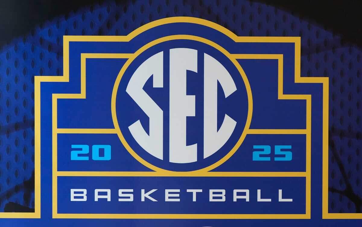 Southeastern Conference logo is displayed during SEC Media Day at the Grand Bohemian Hotel in Mountain Brook Tuesday, Oct. 15, 2024.