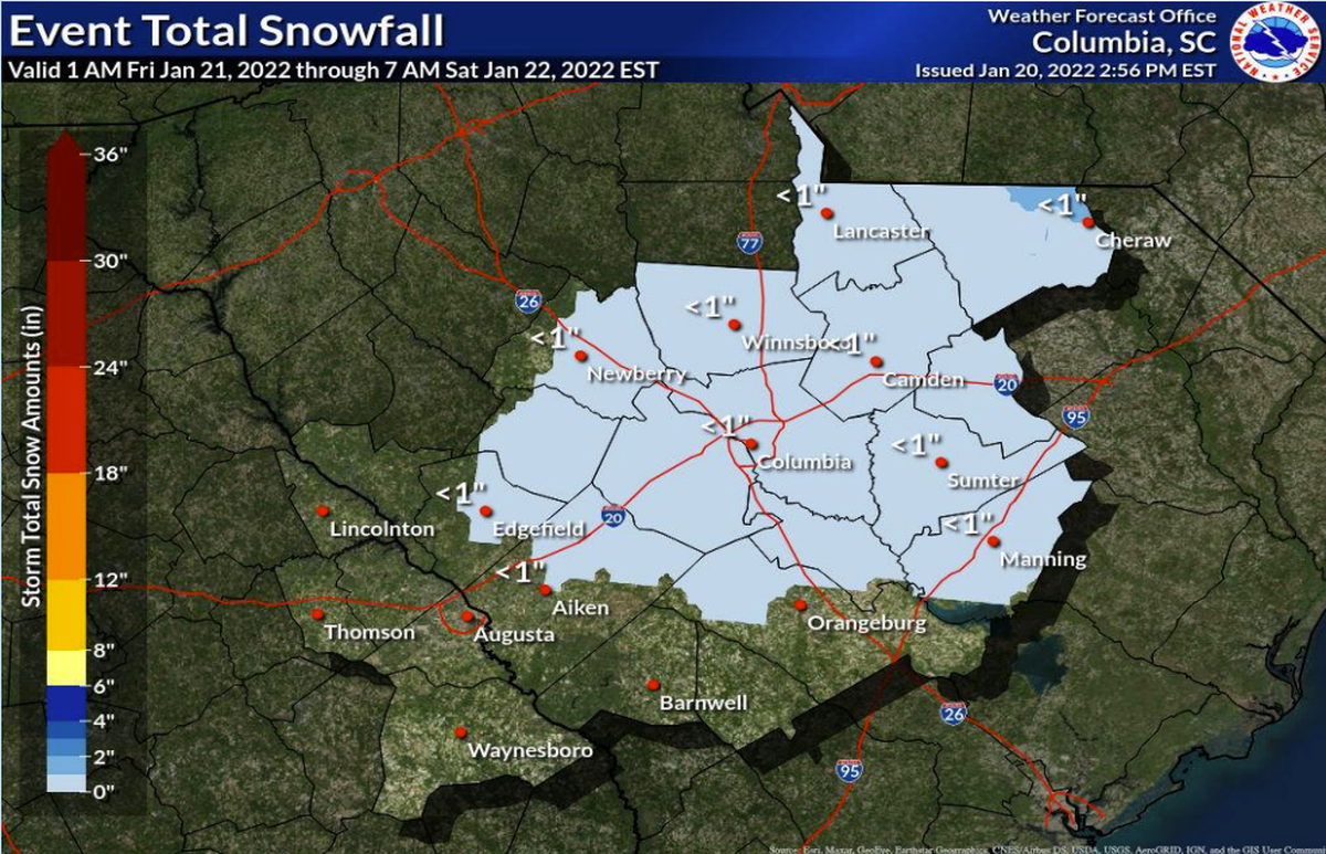 The Midlands could see snow Friday, though likely less than an inch, according to the National Weather Service