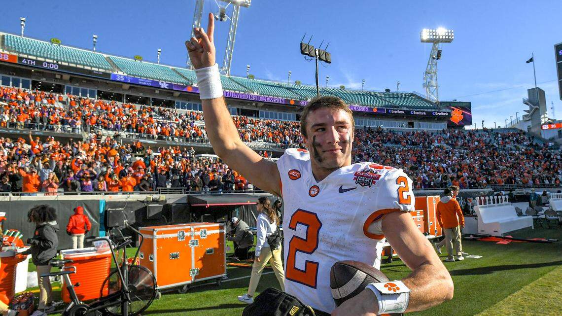 Clemson quarterback Cade Klubnik (2) celebrates after the TaxSlayer Gator Bowl at EverBank Stadium in Jacksonville, Florida, Friday, December 29, 2023. Clemson beat Kentucky 38-35.