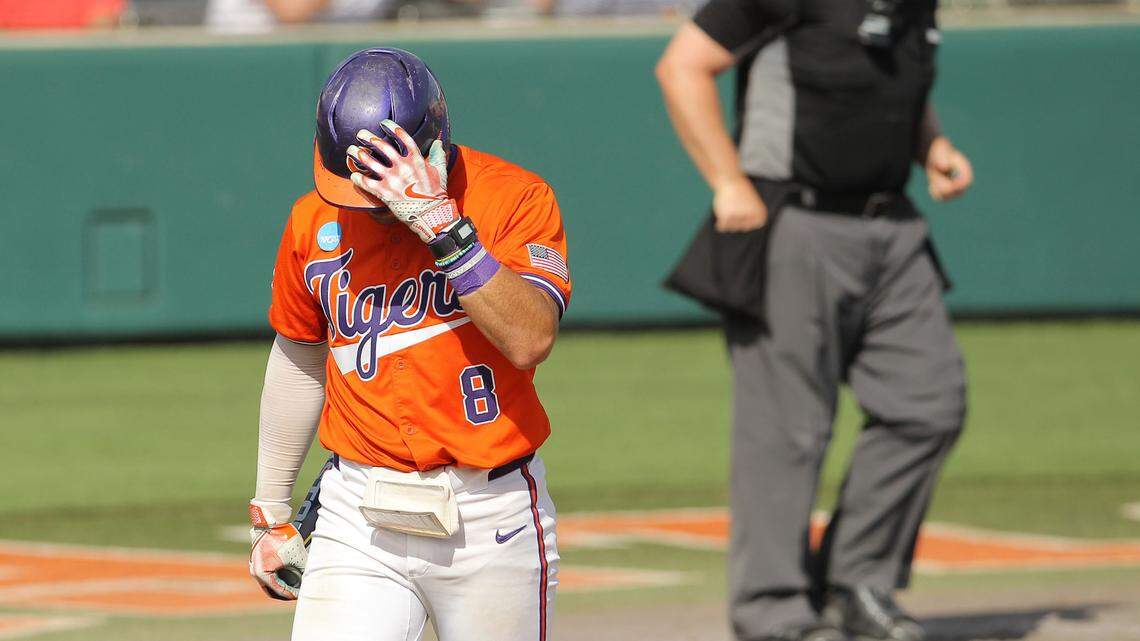 Clemson’s Blake Wright walks away after striking out against Florida during the ninth inning of NCAA Super Regionals action on Saturday, June 8, 2024 in Clemson, S.C. (Travis Bell/SIDELINE CAROLINA)