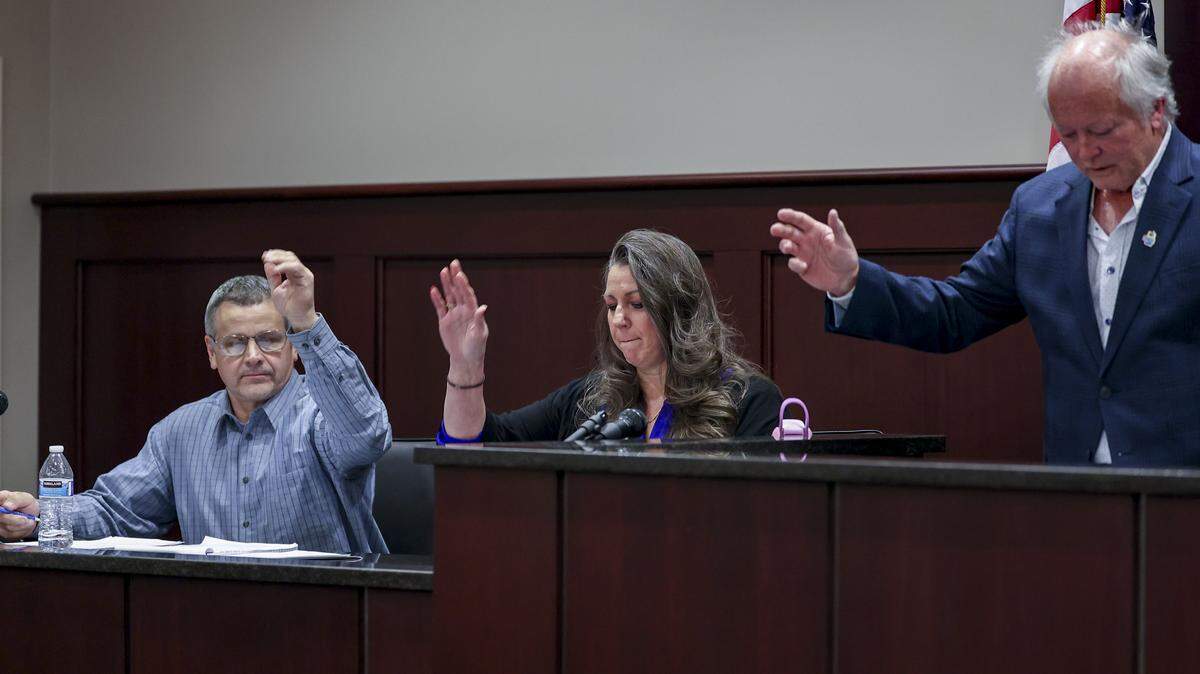 Council members Warren Burritt, Ainslee Bost and Mayor Bill Mitchell vote on an ordinance during a meeting of the Chapin Town Council on Tuesday, Jan. 20, 2026.