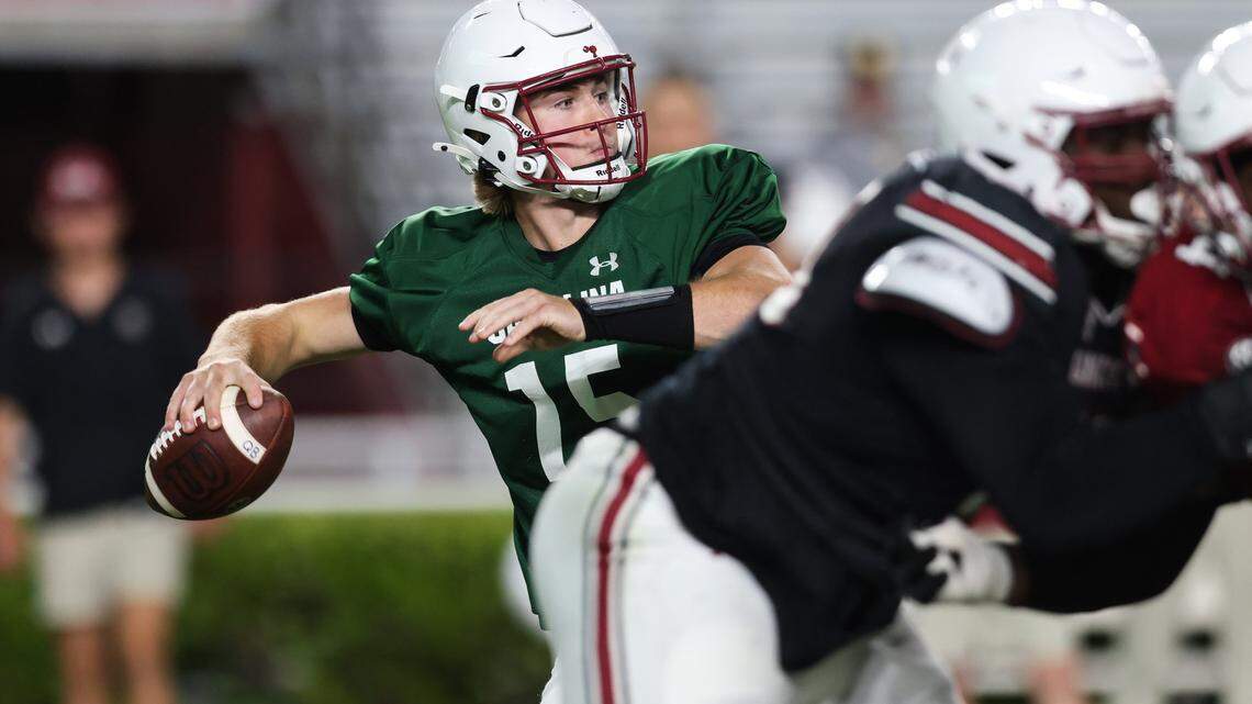 South Carolina quarterback Cutter Woods (15) makes a pass during the Garnet and Black Spring Game in Columbia on Friday, April 18, 2025.
