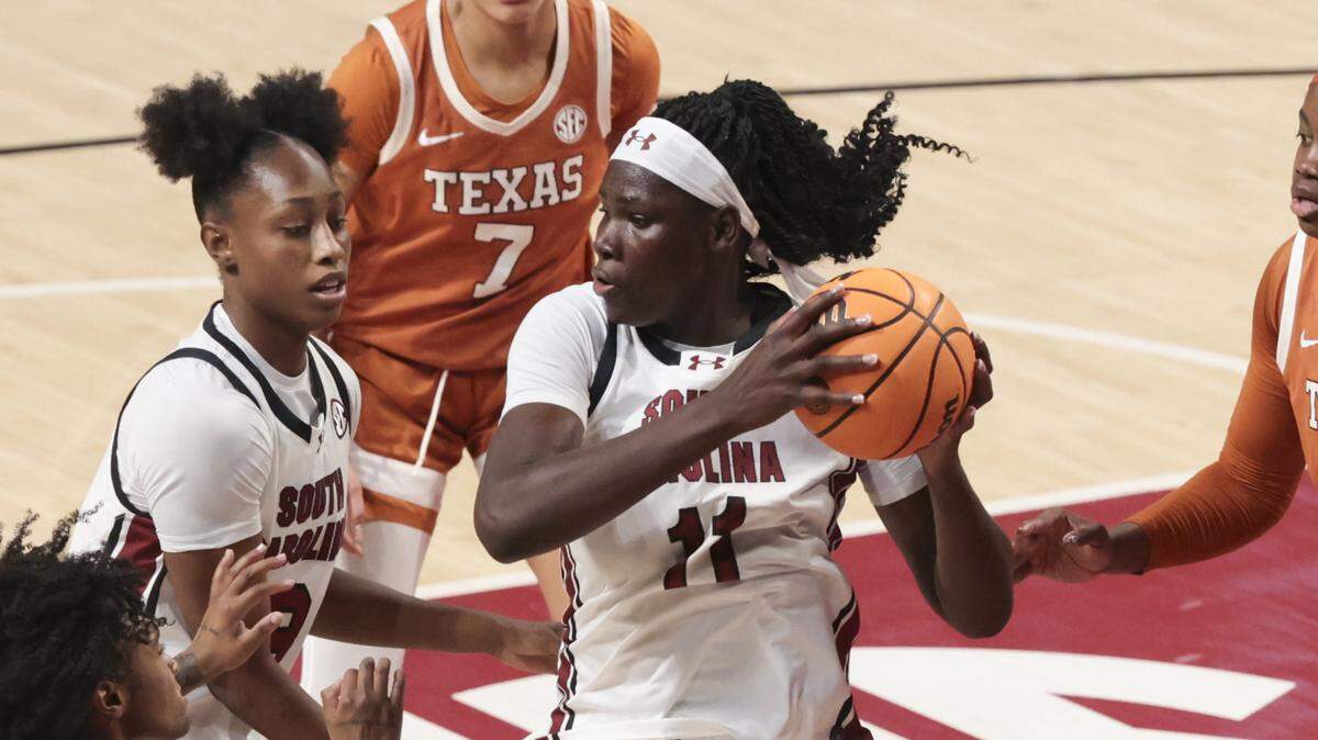 South Carolina's Madina Okot (11) snags a rebound during the first half of action of their women's basketball game against Texas at Colonial Life Arena on Thursday, Jan. 15, 2026.