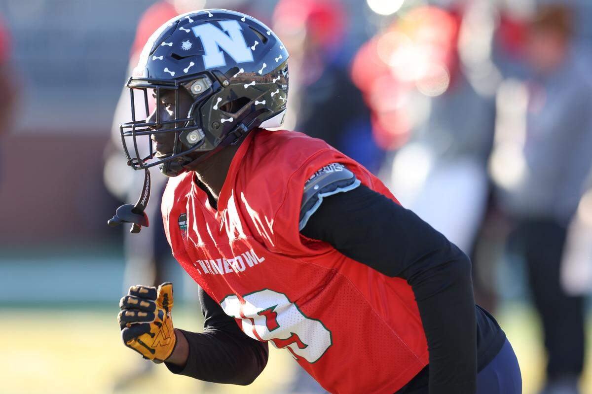 Jamel Howse (19) of Newberry High School is seen at Spartanburg High School in Spartanburg on Monday, December 15, 2025, during practice for the upcoming Shrine Bowl of the Carolinas.