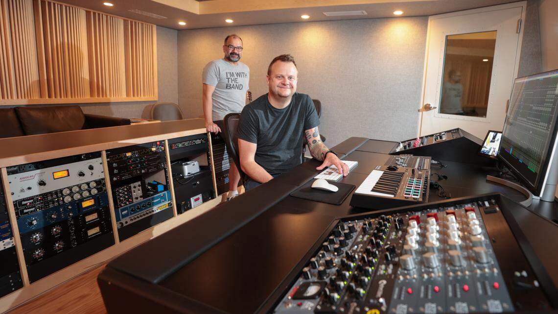 Kenny McWilliams, foreground, and Philippe Herndon pose for a portrait in Archer Avenue Studio at River Drive Creative in Columbia on Wednesday, June 18, 2025. Herndon and McWilliams partnered to renovate a building on River Drive to house their music businesses.