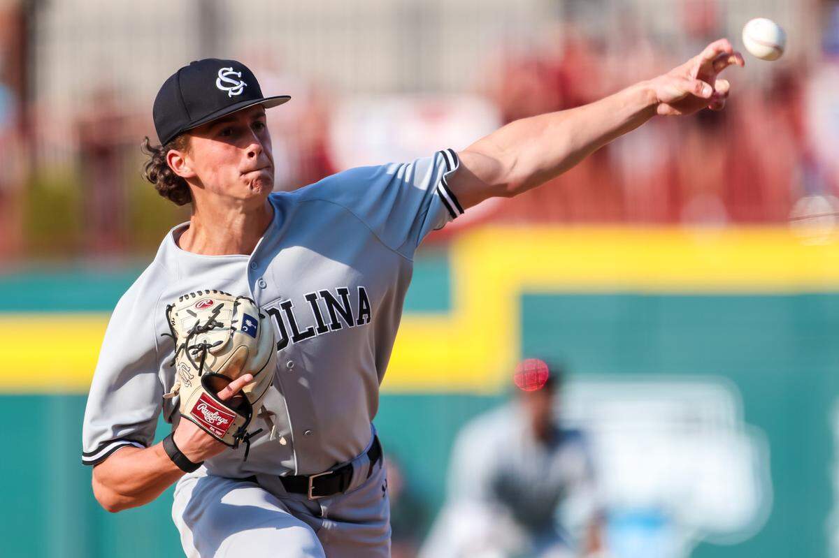 South Carolina Gamecocks pitcher Matthew Becker (29) pitches against the Campbell Camels during their 2023 NCAA Columbia Regional game at Founders Park in Columbia, SC, Sunday, June 4, 2023.