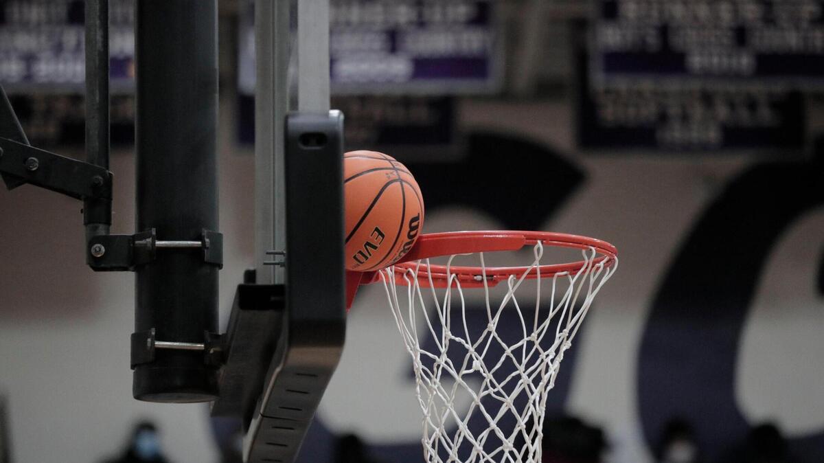 Ridge View’s buzzer-beater shot by Tyler Rice 3 is lodged between the glass and the hoop on Friday, February 26, 2021.