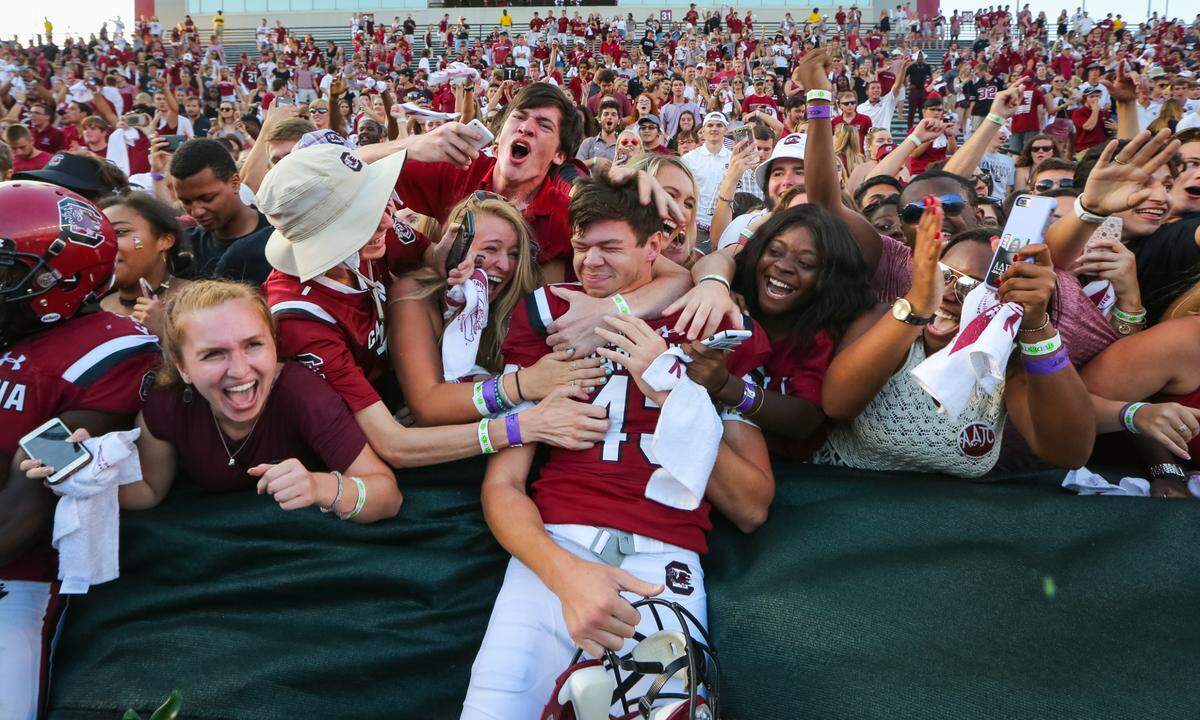 From Sept. 23, 2017: South Carolina kicker Parker White (43) celebrates with fans after he hit the game-winning field goal during the game against the Louisiana Tech at Williams-Brice Stadium.
