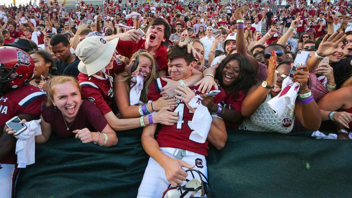From Sept. 23, 2017: South Carolina kicker Parker White (43) celebrates with fans after he hit the game-winning field goal during the game against the Louisiana Tech at Williams-Brice Stadium.