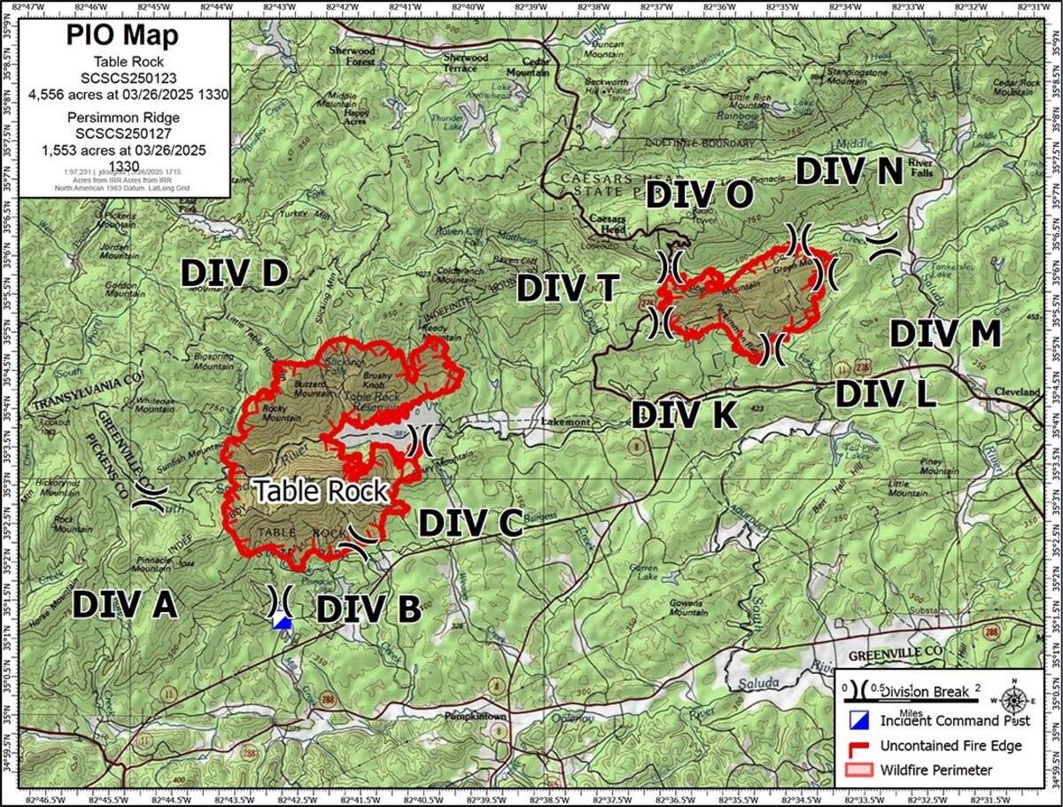 A map that shows the locations and sizes of the Greenville County and Pickens County wildfires.