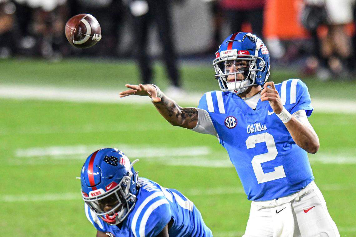 Mississippi quarterback Matt Corral (2) throws a pass against South Carolina during the first half of an NCAA college football game in Oxford, Miss., Saturday, Nov. 14, 2020. (AP Photo/Bruce Newman)