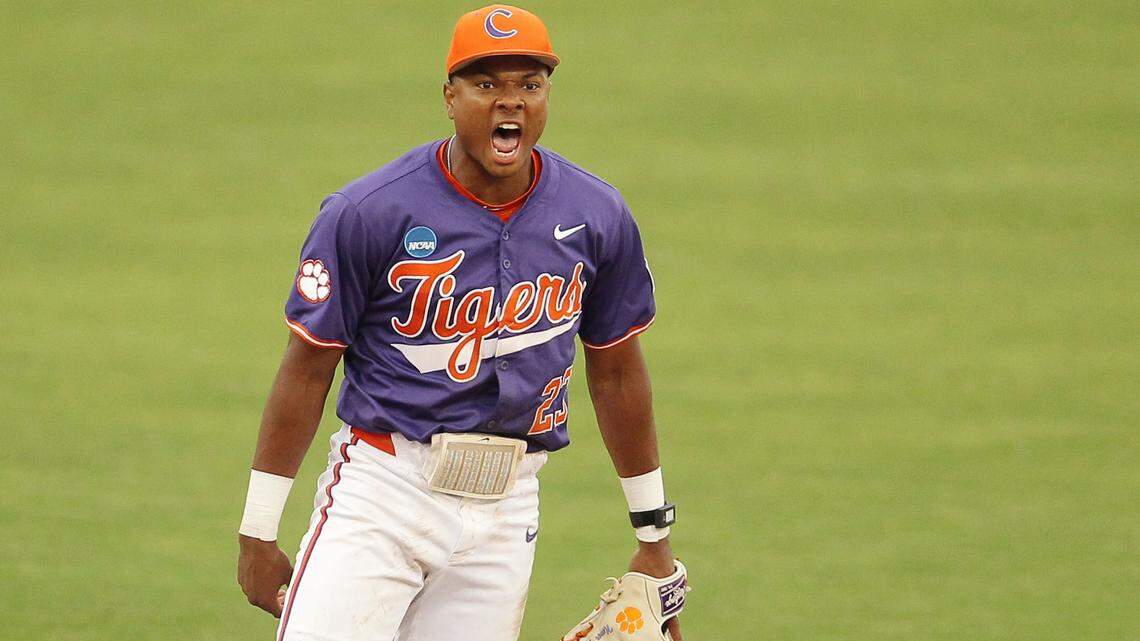 Clemson second baseman Jarren Purify (23) celebrates the second out of the ninth inning on Saturday, June 1, 2024 in Clemson, S.C.
