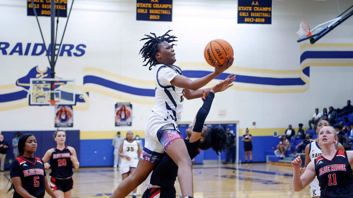Keenan’s Milaysia Fulwiley as Blue Ridge defender Quadaija Lansley (24) tries to block. Keenan won 65-64 to advance to the AA Upper State Championship.