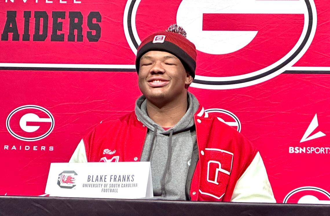 South Carolina offensive line commit Blake Franks at a signing ceremony at Greenville High School on Tues. Dec. 19, 2023.