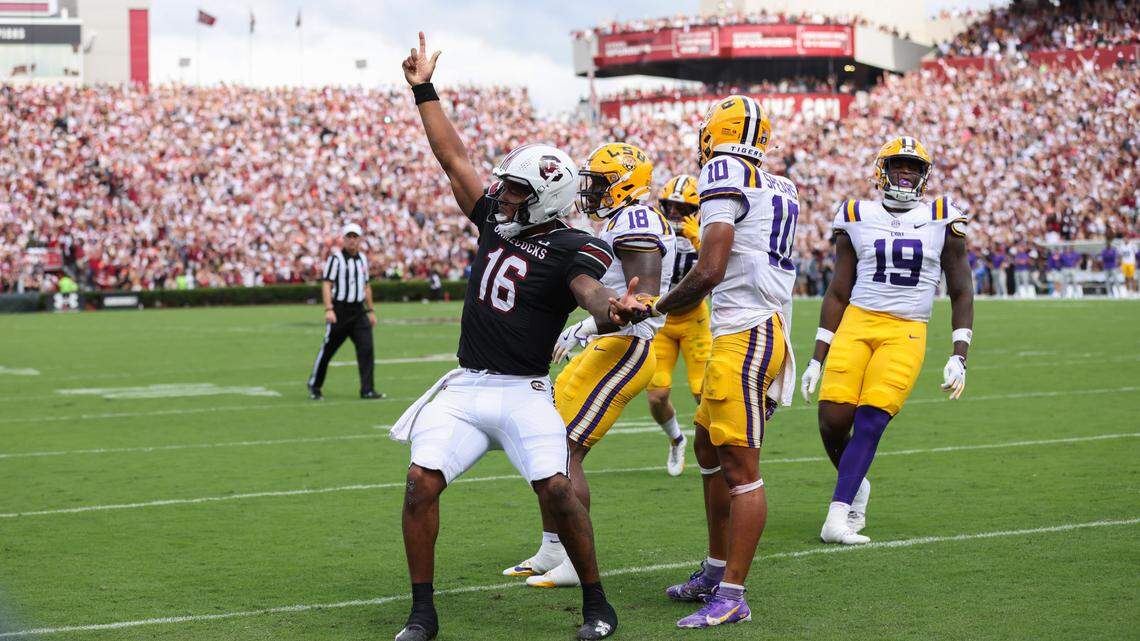 South Carolina quarterback LaNorris Sellers (16) celebrates a touchdown during the first half of South Carolina’s game against LSU in Columbia on Saturday, September 14, 2024.