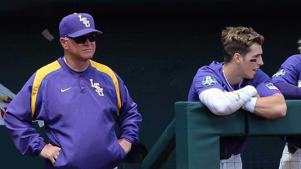 Former LSU Tigers head coach Paul Mainieri (1) watches midgame action against the Oregon State Beavers at TD Ameritrade Park Omaha.