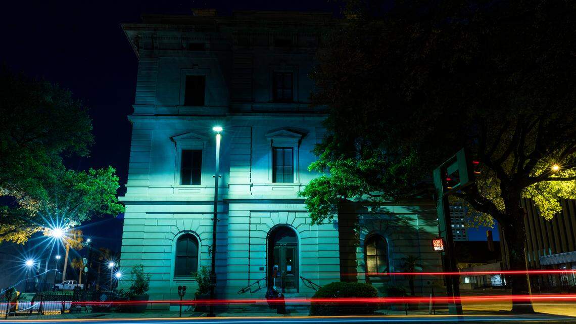 Columbia City Hall is illuminated with blue lamps to honor health care workers fighting the coronavirus on Friday, April 10, 2020. Across the world buildings are lit blue as a silent way to show support.