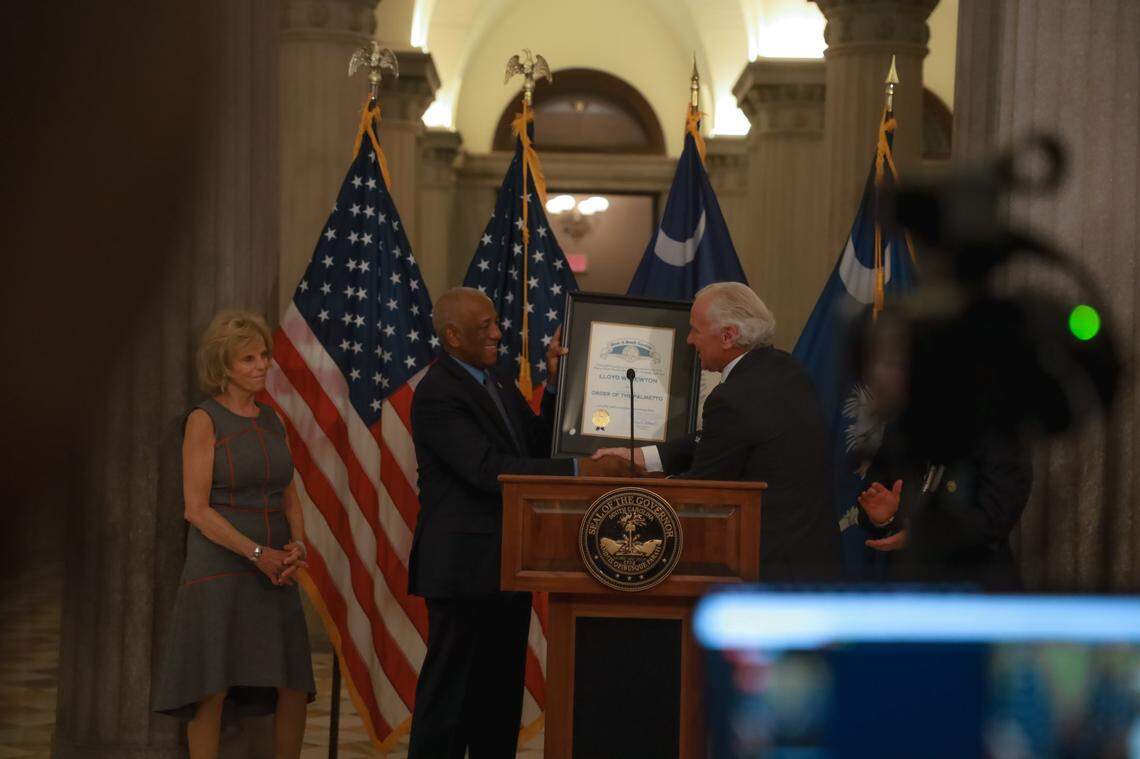 Retired Air Force General Lloyd “Fig” Newton receives the Order of the Palmetto, the state’s highest civilian honor, from Gov. Henry McMaster on Wednesday, July 12, 2023.