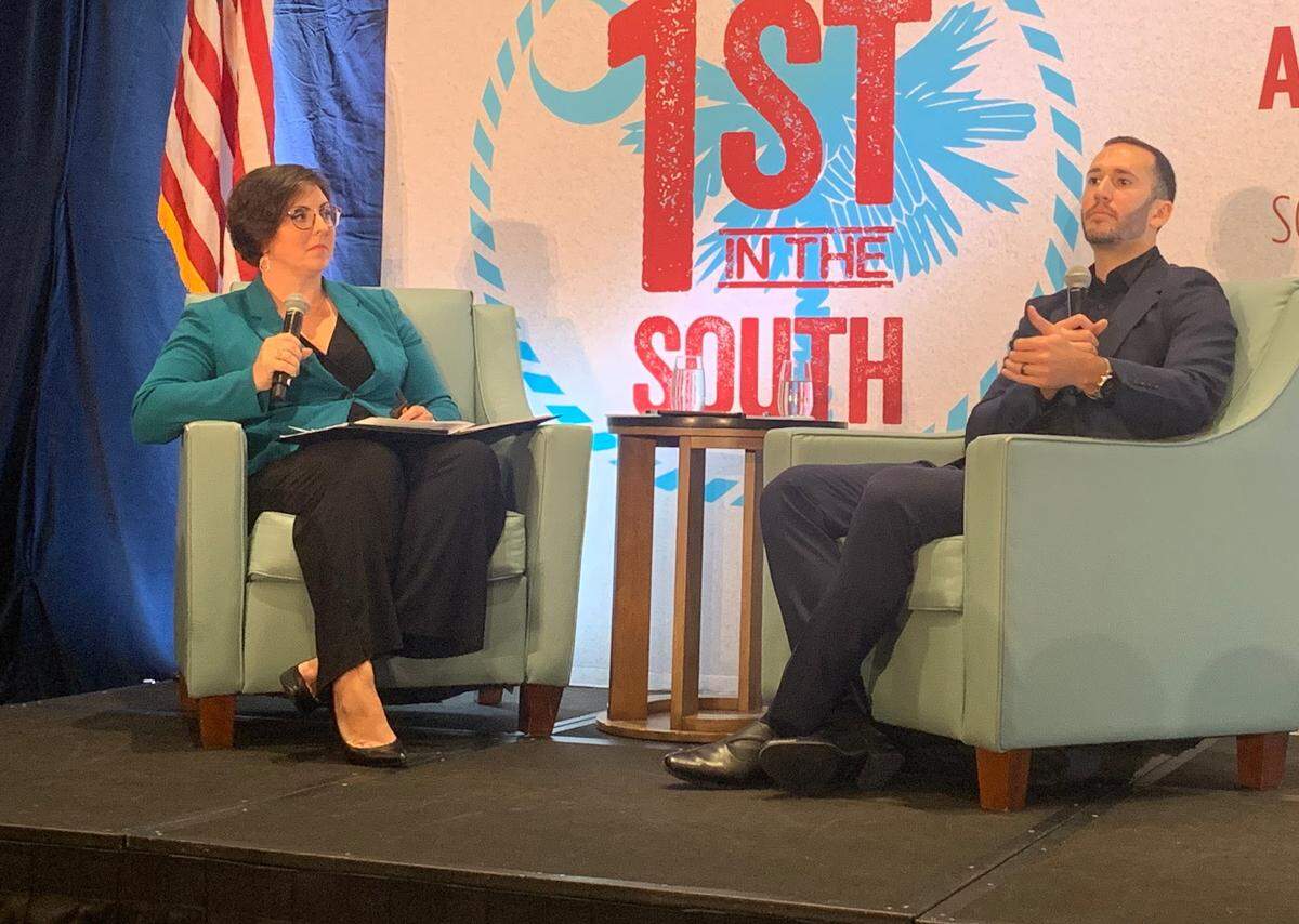 Palmetto Promise Institute President and CEO Ellen Weaver speaks about school choice with Corey DeAngelis of the American Federation for Children at the South Carolina Republican Party’s 1st in the South Conference in Myrtle Beach on Oct. 29, 2021.