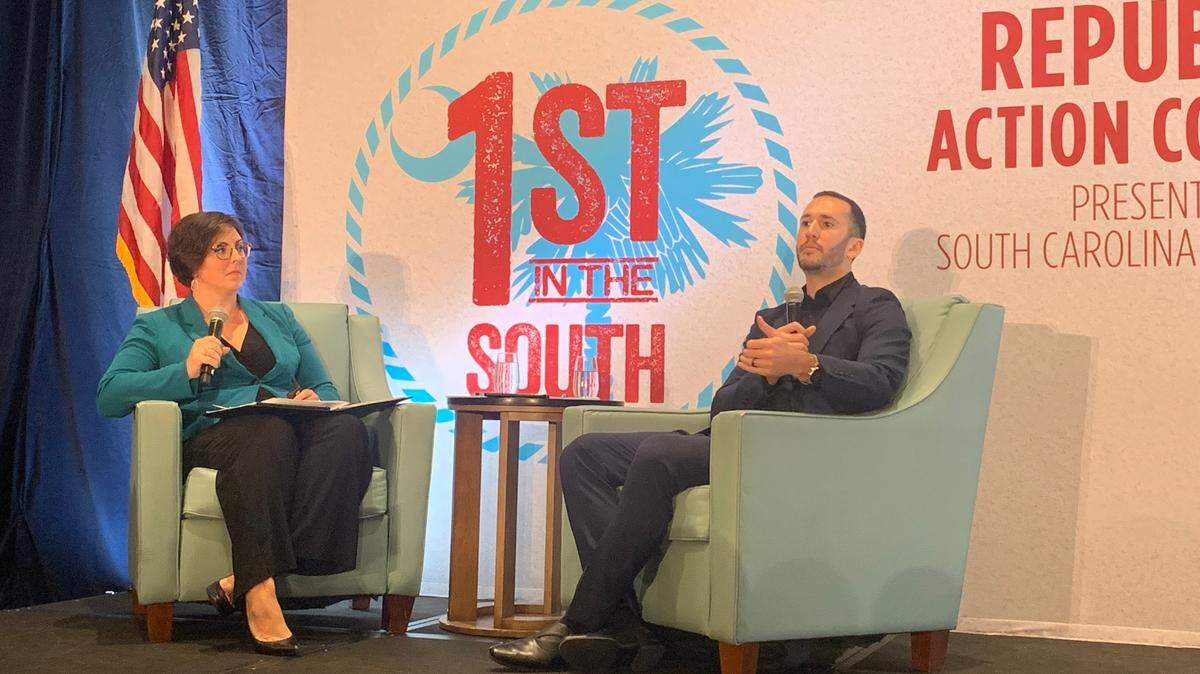 Palmetto Promise Institute President and CEO Ellen Weaver speaks about school choice with Corey DeAngelis of the American Federation for Children at the South Carolina Republican Party’s 1st in the South Conference in Myrtle Beach on Oct. 29, 2021.