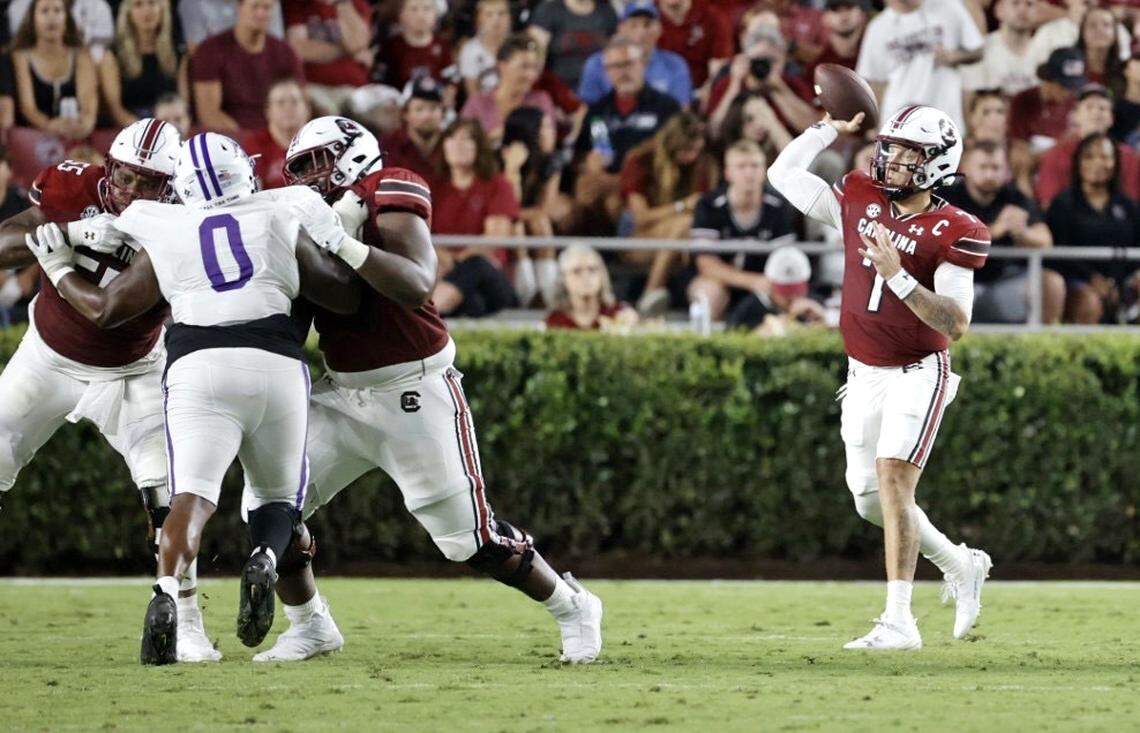 South Carolina quarterback Spencer Rattler drops back to pass Saturday in the game against Furman.