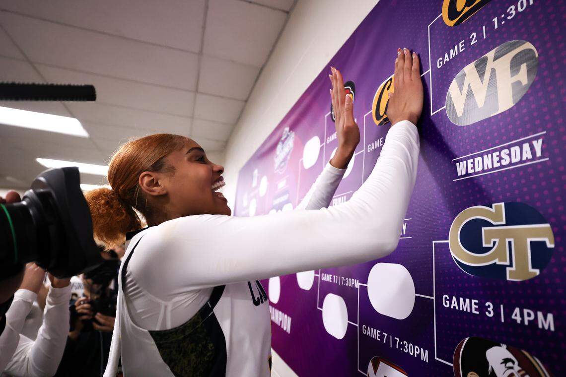 Sakima Walker, seen here celebrating Cal’s first-round ACC tournament win over Wake Forest last week, hopes to play professional basketball and will also leave college with two master’s degrees.