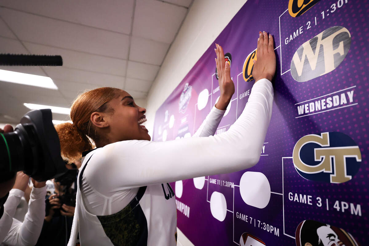 Sakima Walker, seen here celebrating Cal’s first-round ACC tournament win over Wake Forest last week, hopes to play professional basketball and will also leave college with two master’s degrees.